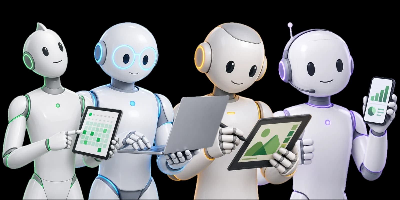 I quattro agenti AI di Team Marketing, robot bianchi con luci verde, azzurra, ambra e viola, con tablet, portatile, tavoletta grafica e smartphone